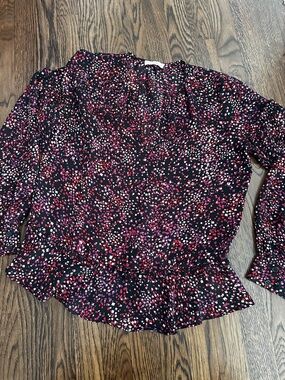 Parker Black v neck long sleeve Blouse with Pink and Red Confetti Print